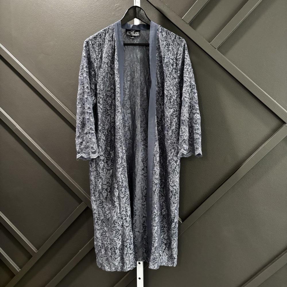 Alex Evenings Silver Gray Floral Lace Long Open Front Jacket Womens Size 12